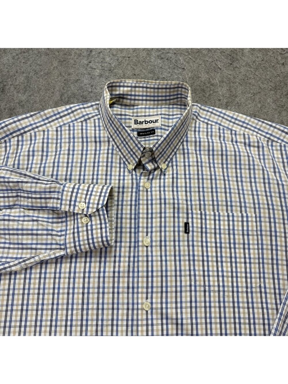 Barbour Shirt Men XL White Blue Yellow Plaid Long Sleeve Regular Fit 52"